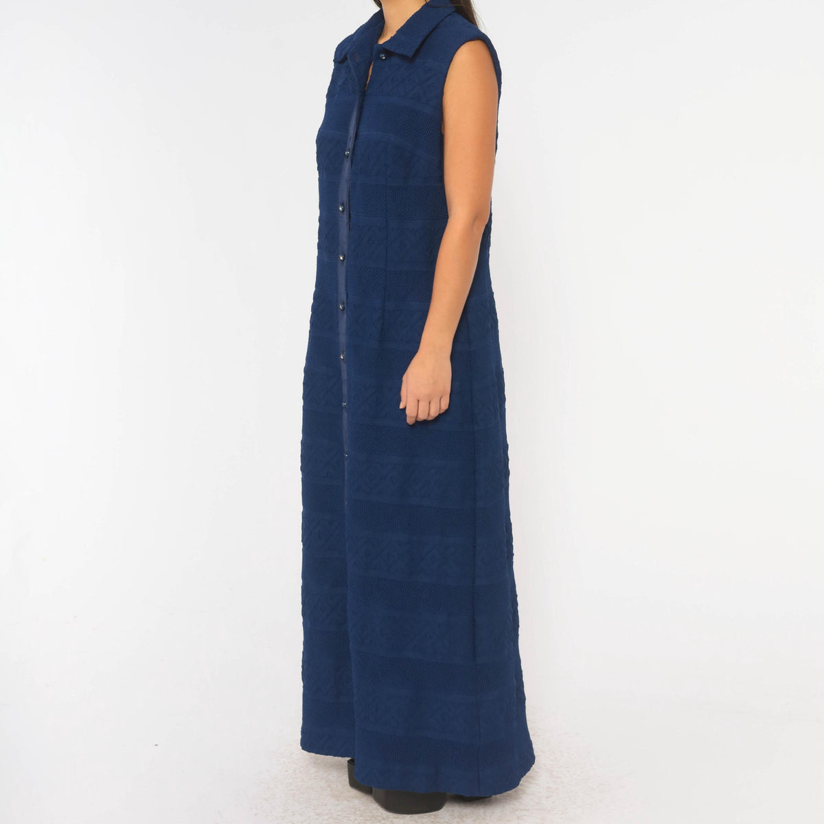 70s Navy Maxi Dress Sleeveless Button Front Pointelle Knit Shirtdress Large L