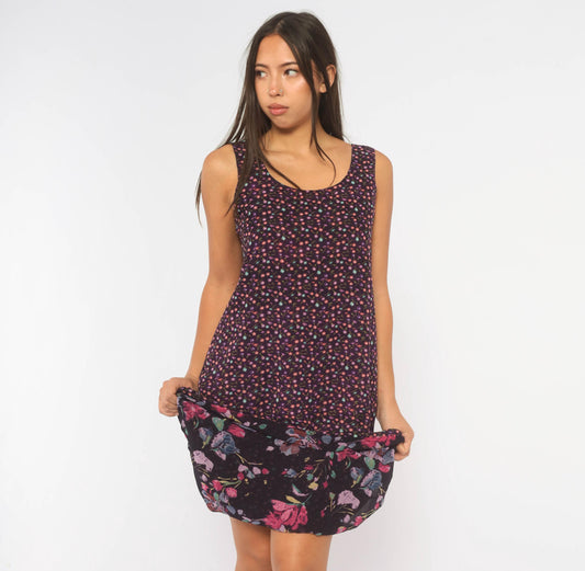 90s Purple Floral Sleeveless Dress Ankle Length Ditsy Print Tank Small
