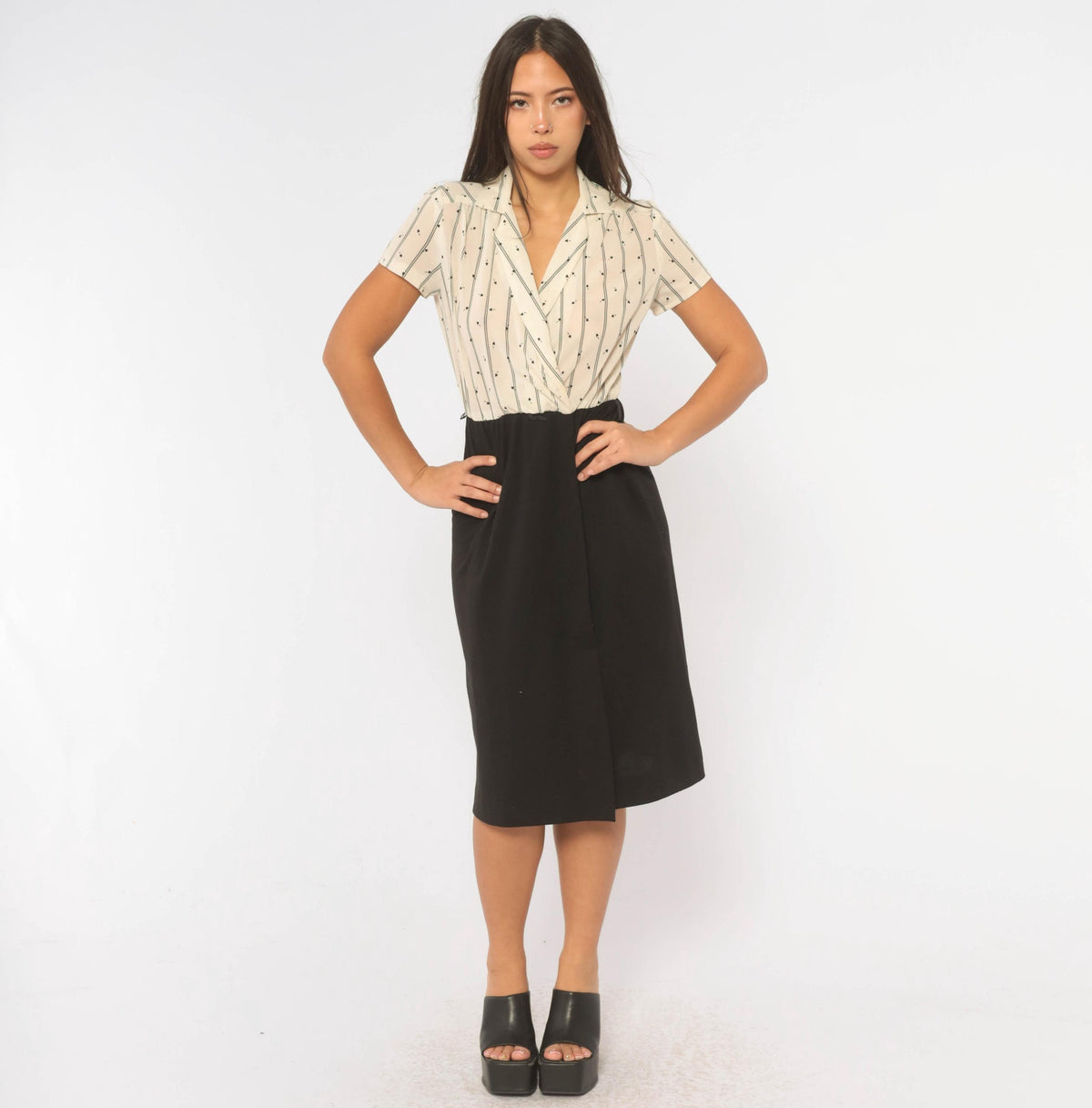 70s Lady Carol Petites Heart Print Wrap Dress Black Cream Striped Small
