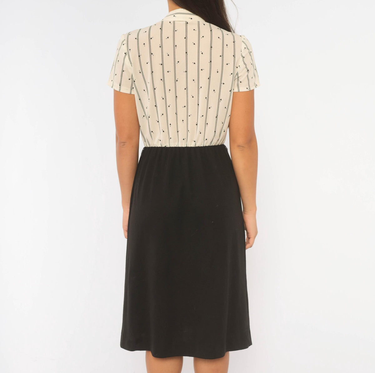 70s Lady Carol Petites Heart Print Wrap Dress Black Cream Striped Small