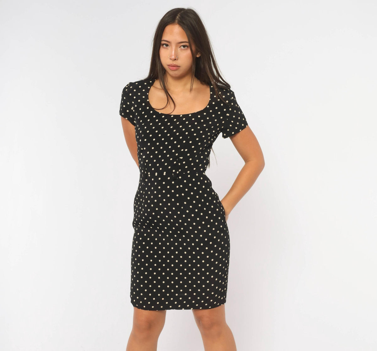 90s Ann Taylor Polka Dot Sheath Dress Black White Scoop Neck XS