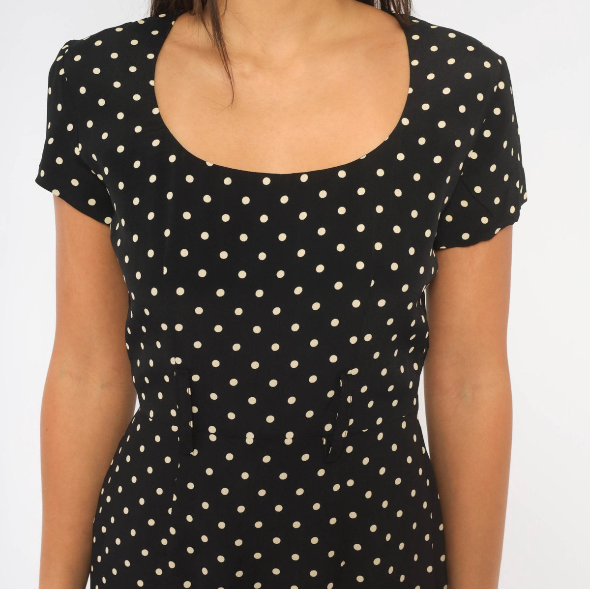 90s Ann Taylor Polka Dot Sheath Dress Black White Scoop Neck XS