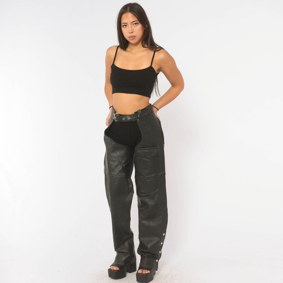 90s Black Leather Motorcycle Chaps Belted Buckle Lace-Up Zippers Medium M