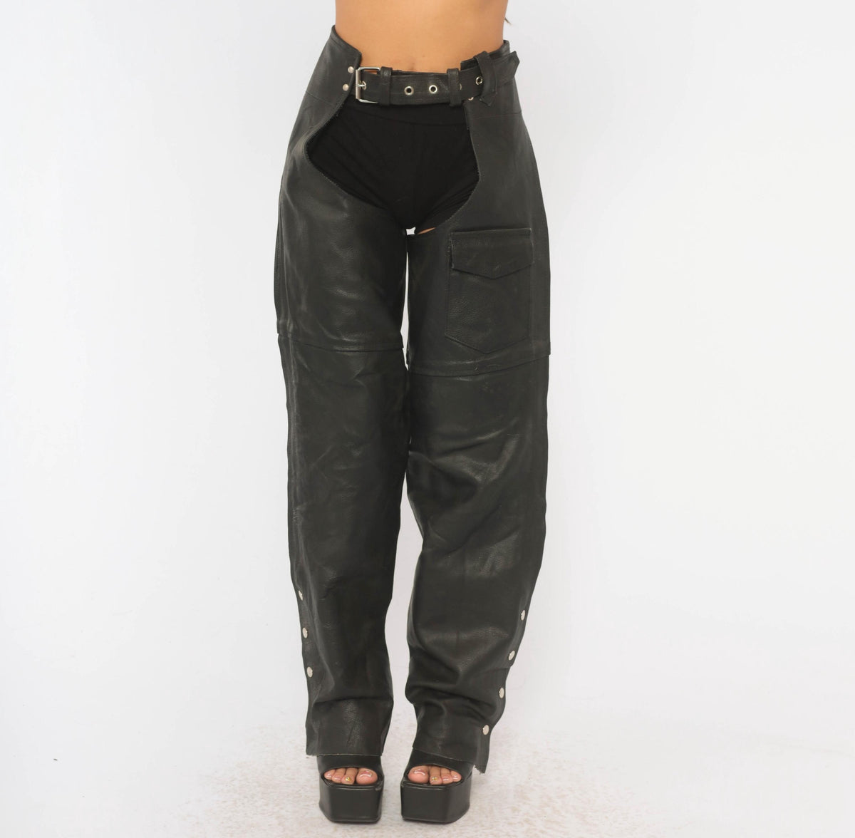 90s Black Leather Motorcycle Chaps Belted Buckle Lace-Up Zippers Medium M