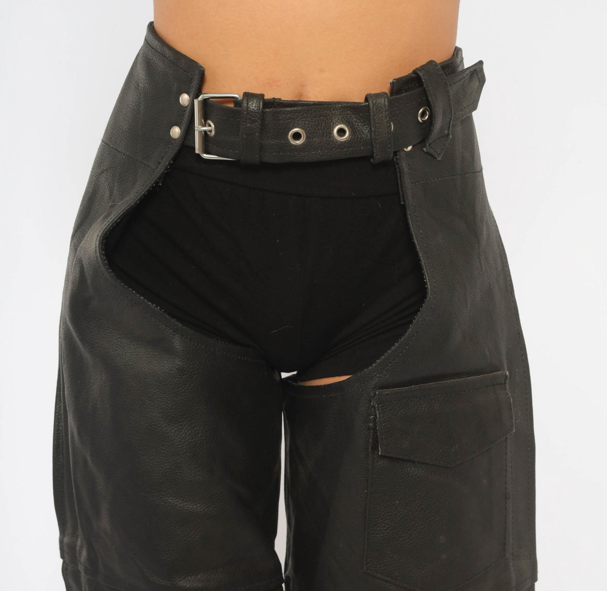 90s Black Leather Motorcycle Chaps Belted Buckle Lace-Up Zippers Medium M