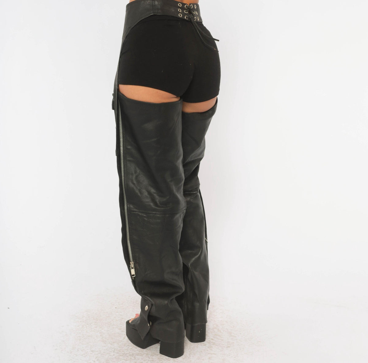 90s Black Leather Motorcycle Chaps Belted Buckle Lace-Up Zippers Medium M
