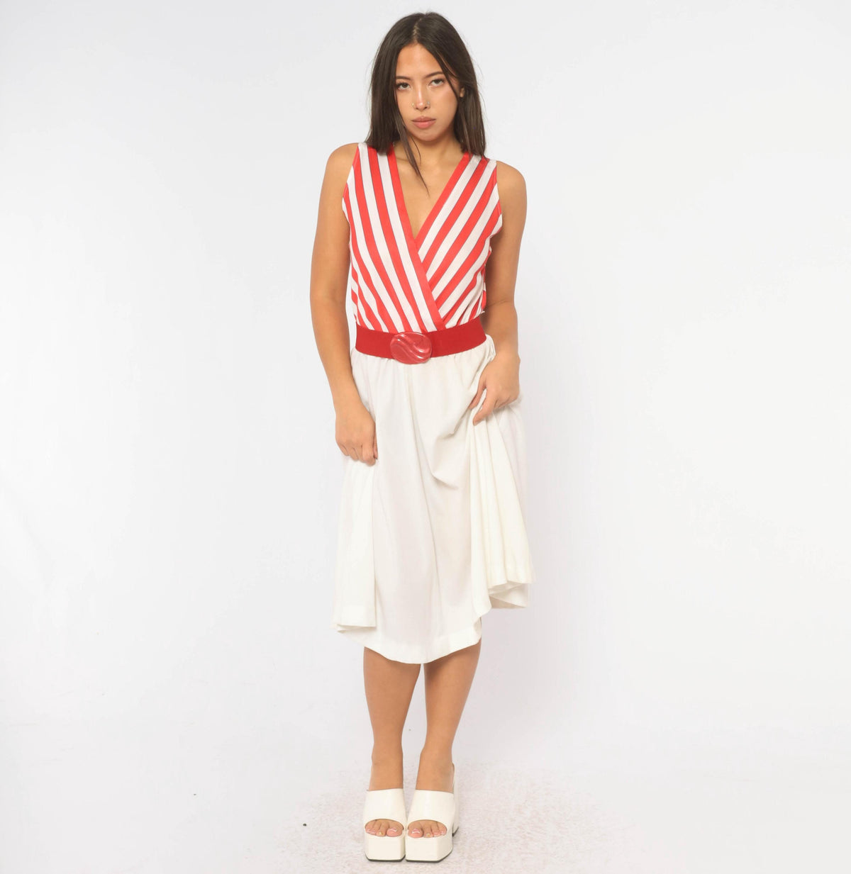 80s Murray Meisner Striped Midi Dress White Red Surplice V Neck Medium