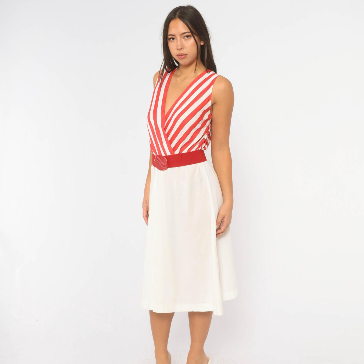 80s Murray Meisner Striped Midi Dress White Red Surplice V Neck Medium