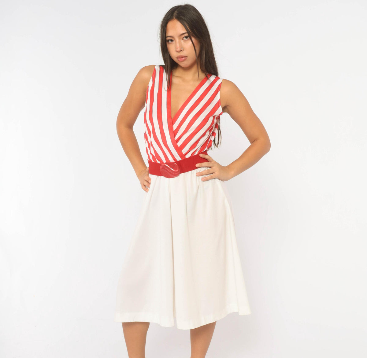 80s Murray Meisner Striped Midi Dress White Red Surplice V Neck Medium