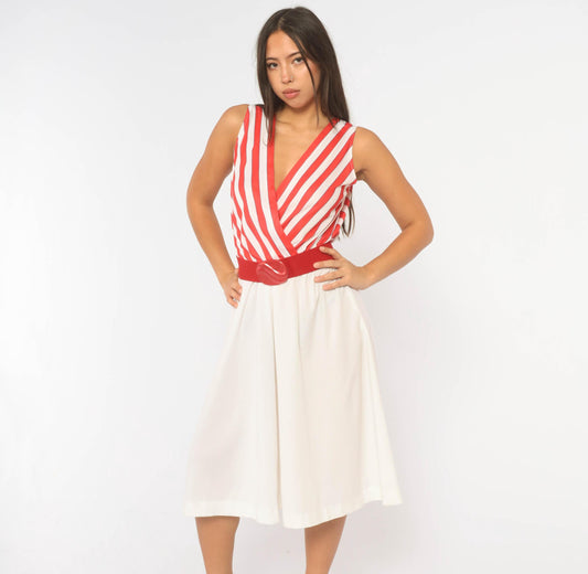 80s Murray Meisner Striped Midi Dress White Red Surplice V Neck Medium