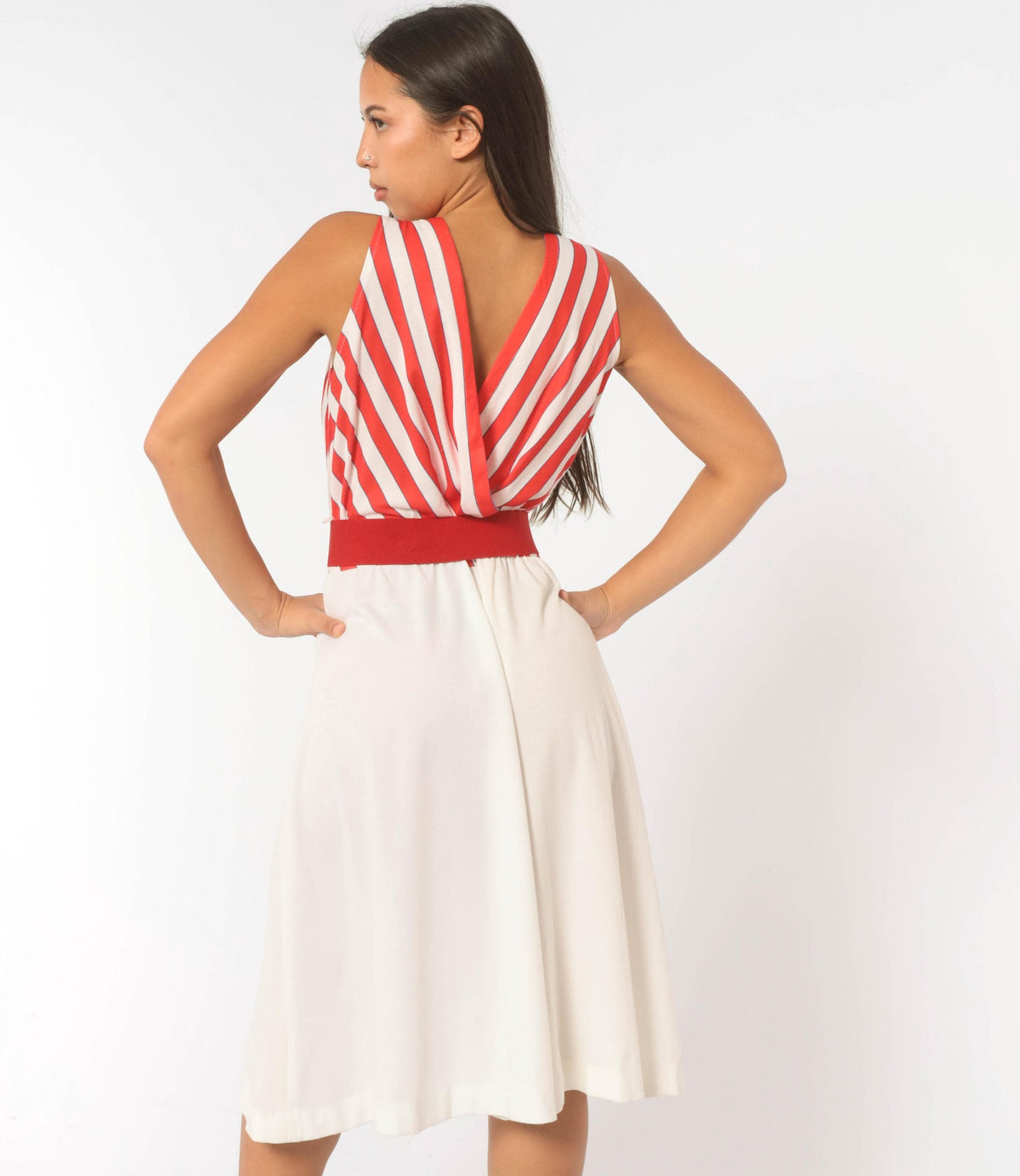 80s Murray Meisner Striped Midi Dress White Red Surplice V Neck Medium