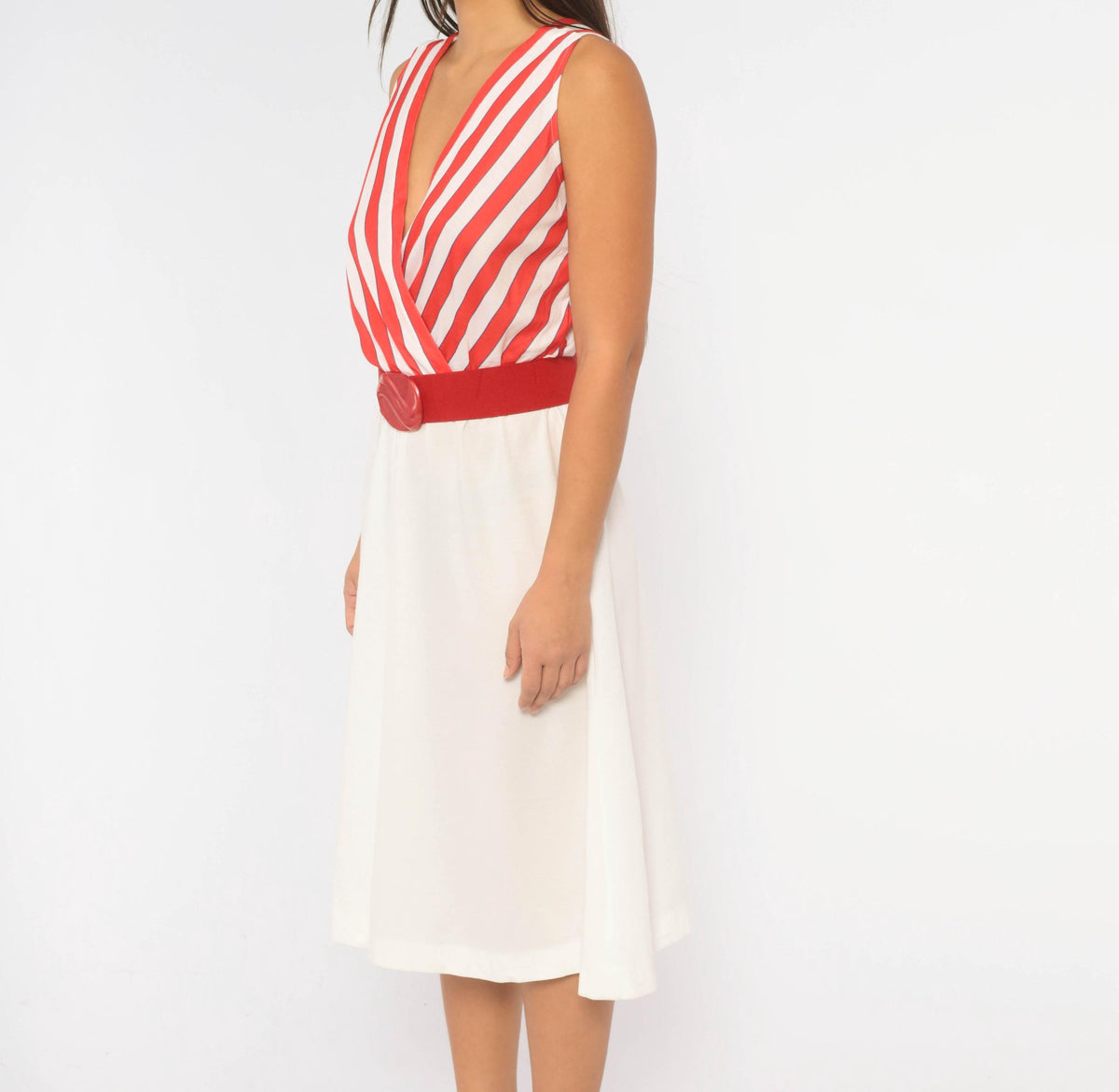 80s Murray Meisner Striped Midi Dress White Red Surplice V Neck Medium