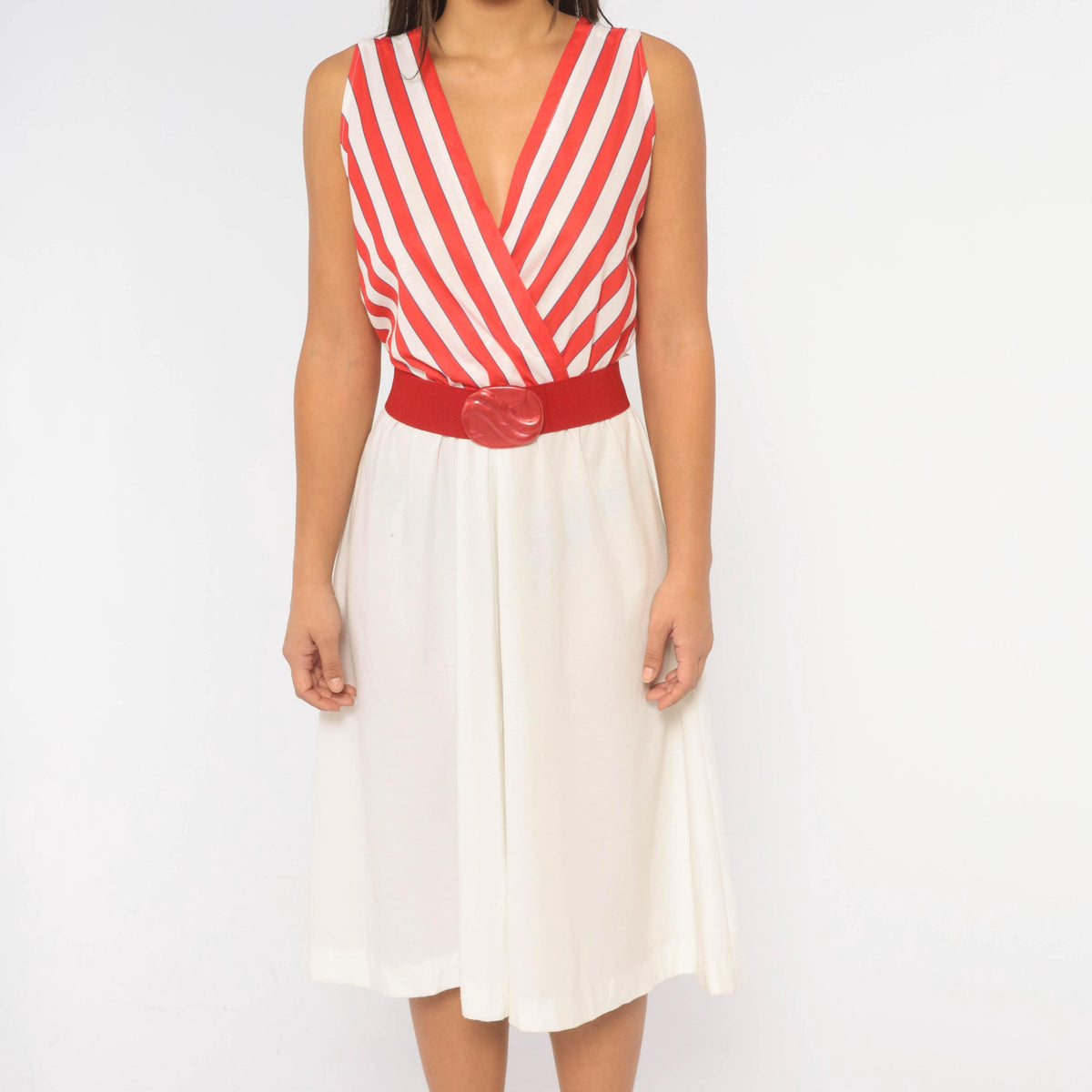 80s Murray Meisner Striped Midi Dress White Red Surplice V Neck Medium