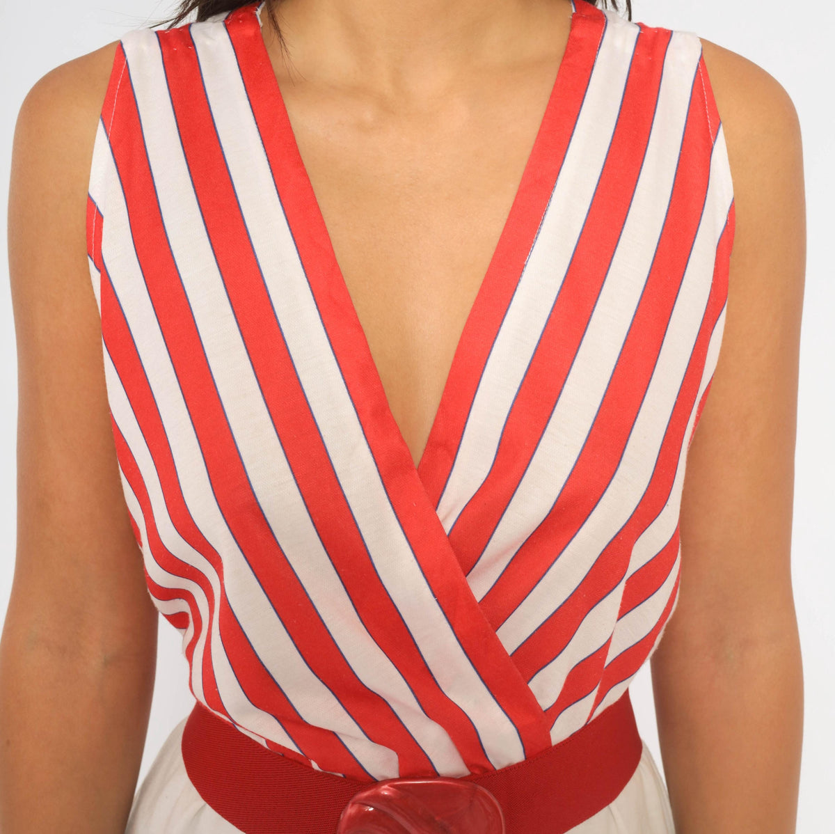 80s Murray Meisner Striped Midi Dress White Red Surplice V Neck Medium
