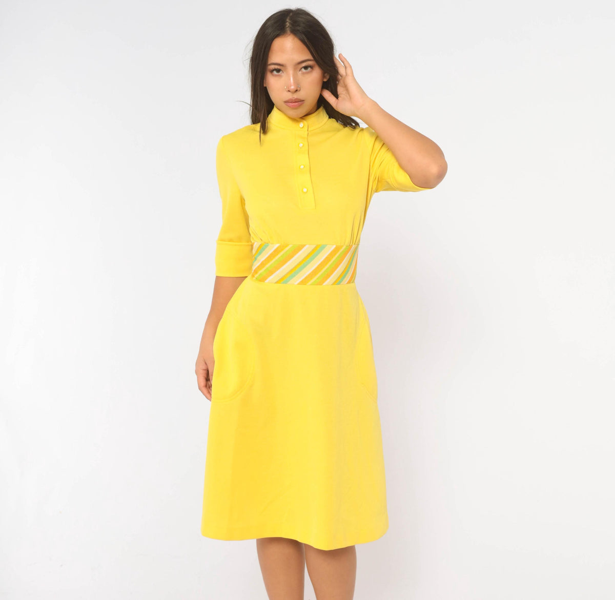 70s Yellow Striped Shift Dress Mandarin Collar A-Line Pockets Medium M