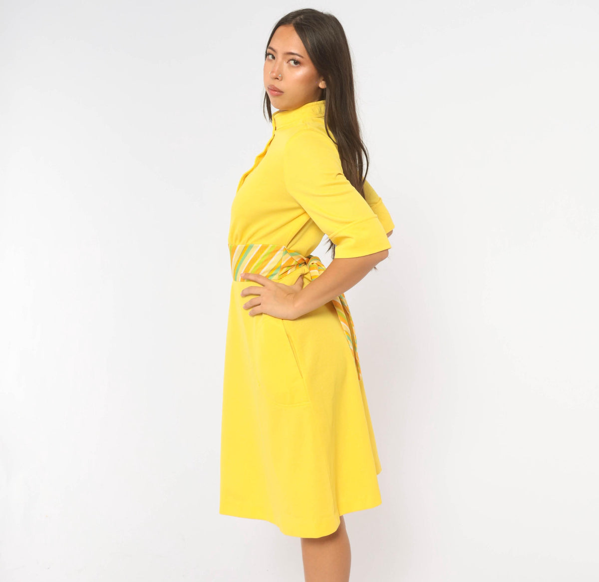 70s Yellow Striped Shift Dress Mandarin Collar A-Line Pockets Medium M