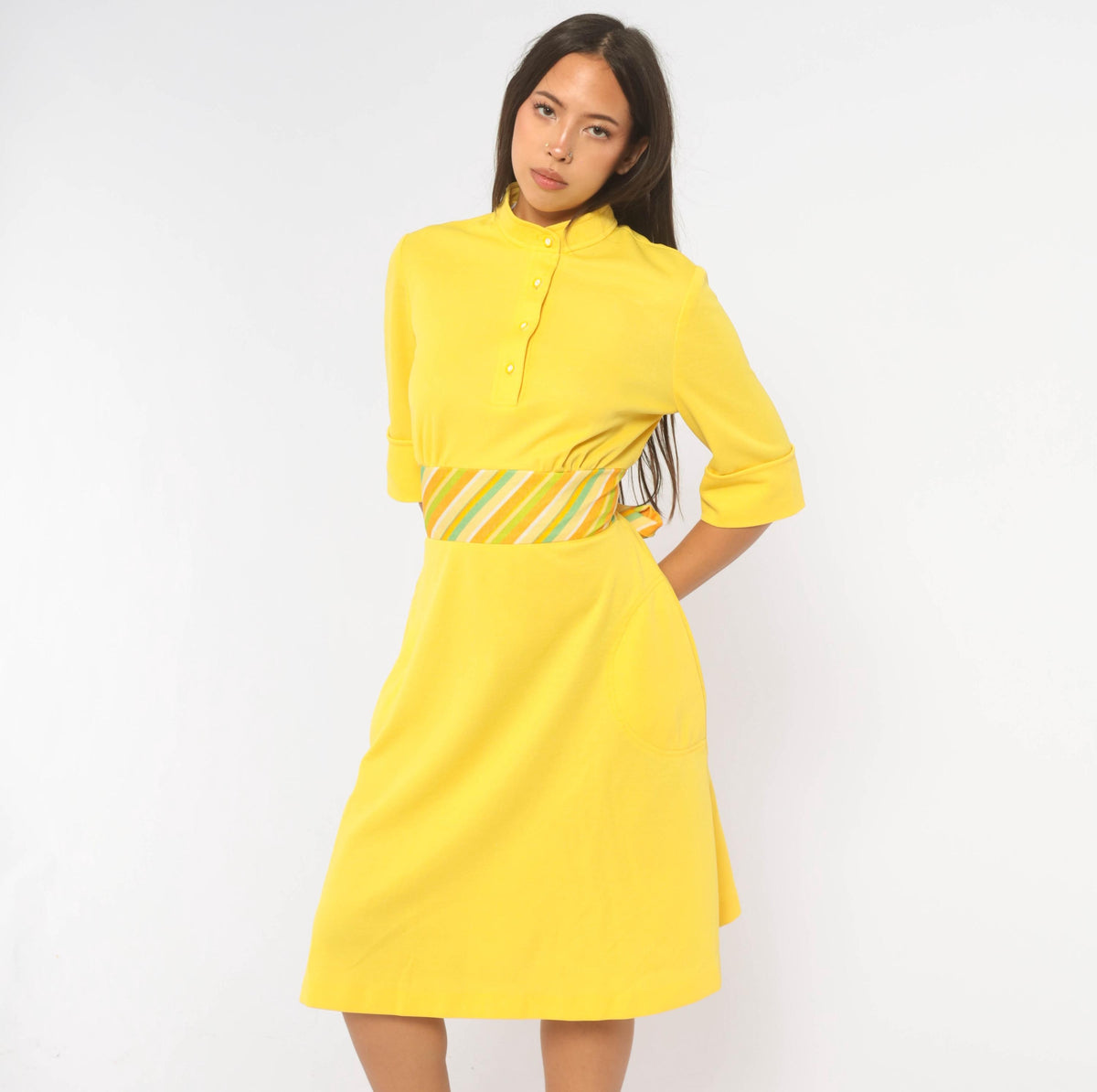 70s Yellow Striped Shift Dress Mandarin Collar A-Line Pockets Medium M