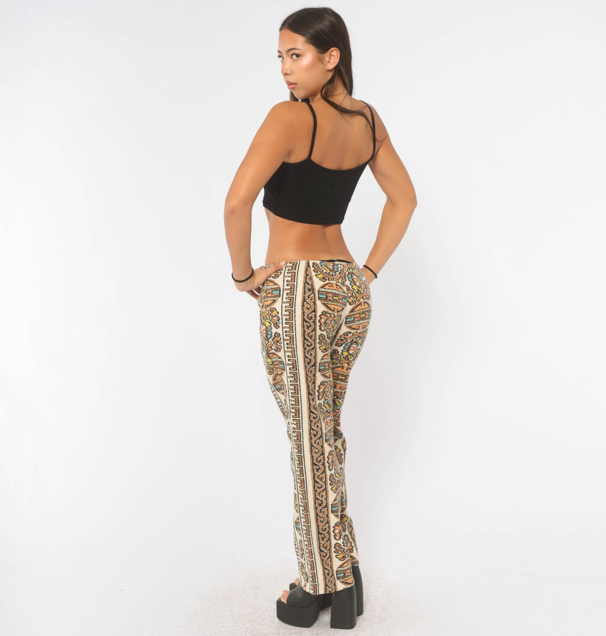 70s Paisley Border Print Flare Trousers Beige Orange Mid Rise Medium