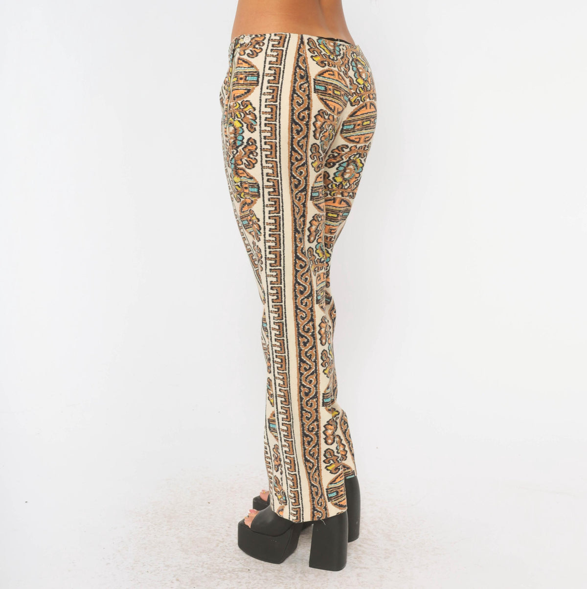 70s Paisley Border Print Flare Trousers Beige Orange Mid Rise Medium