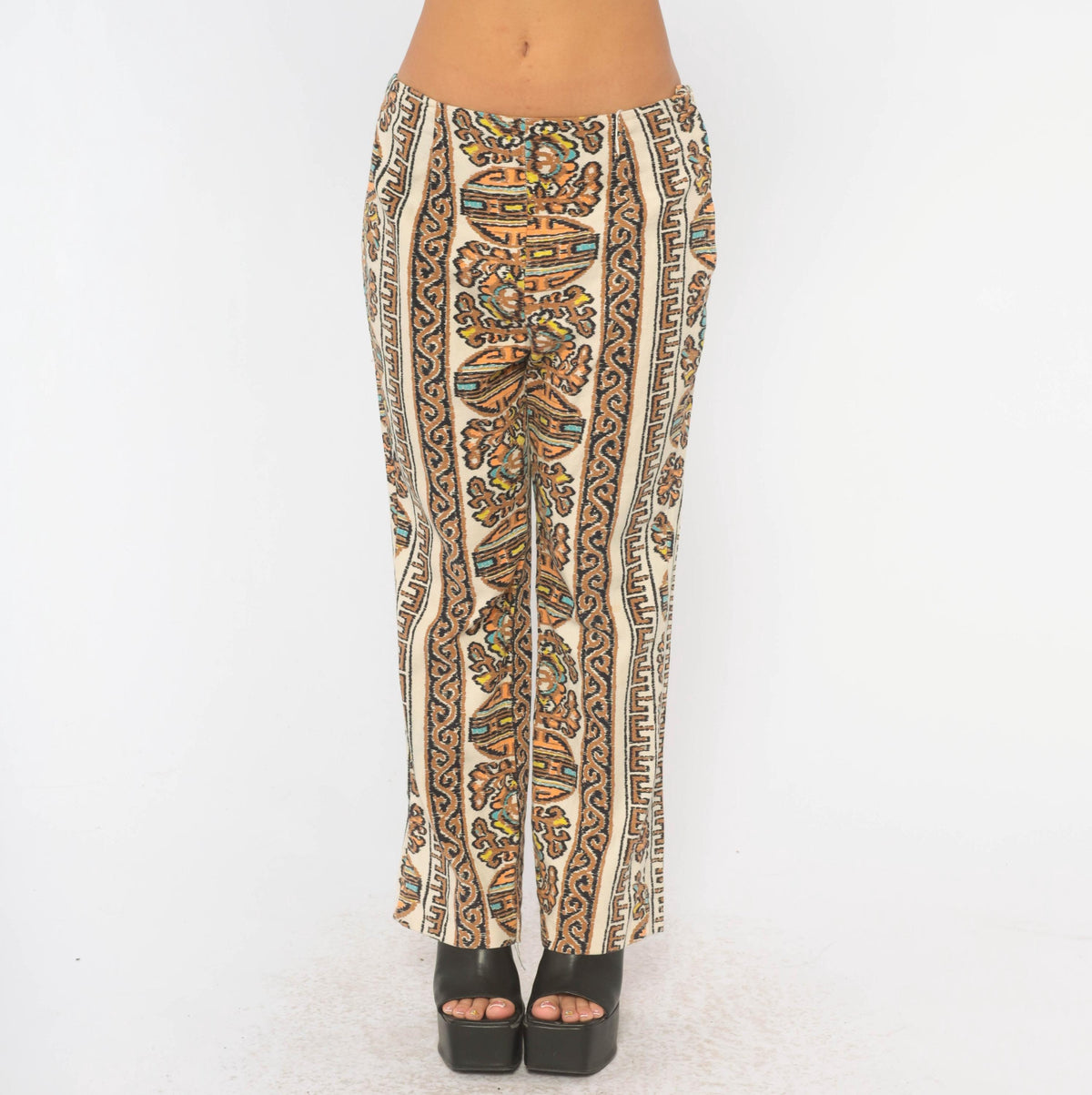70s Paisley Border Print Flare Trousers Beige Orange Mid Rise Medium