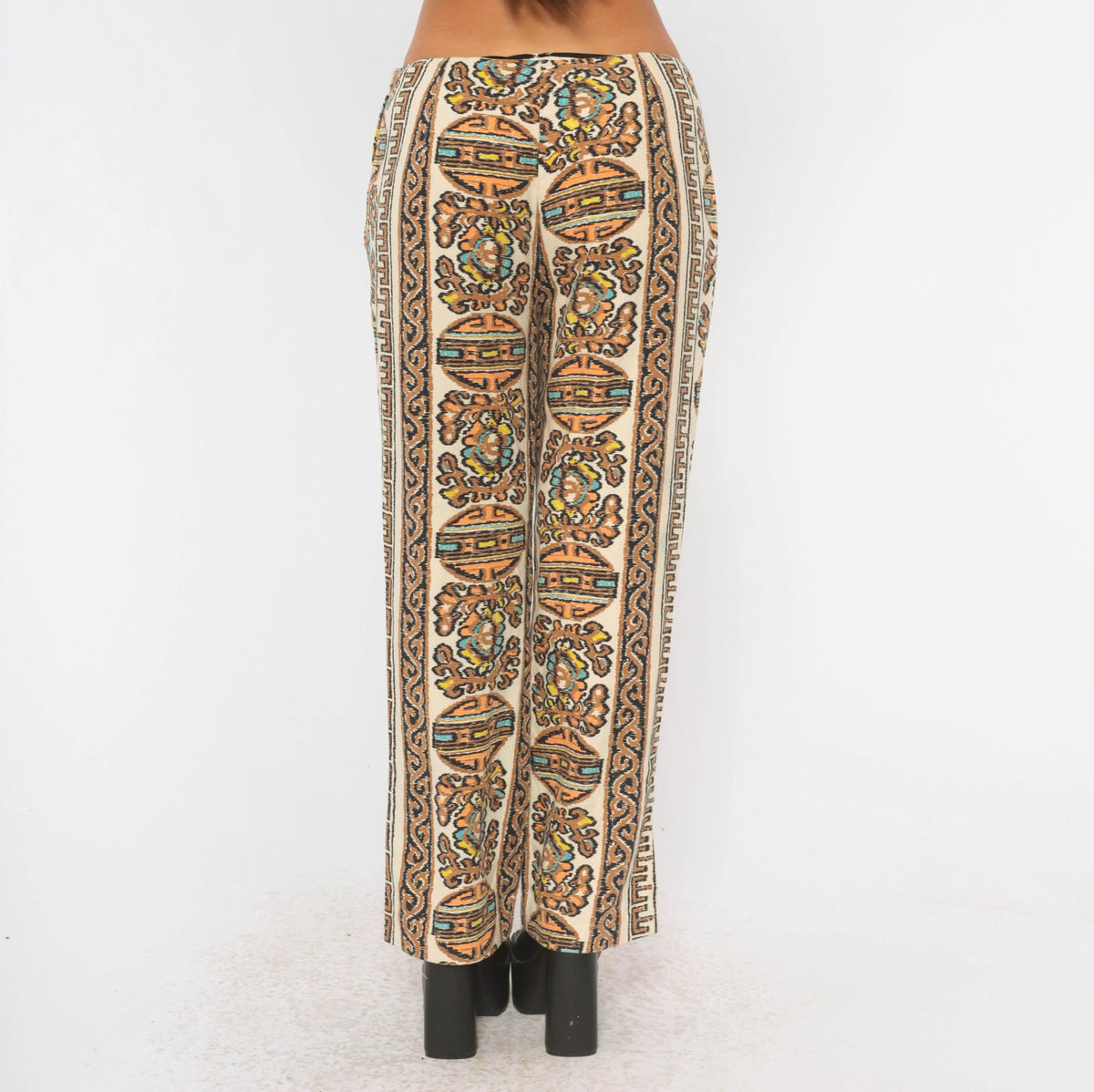 70s Paisley Border Print Flare Trousers Beige Orange Mid Rise Medium