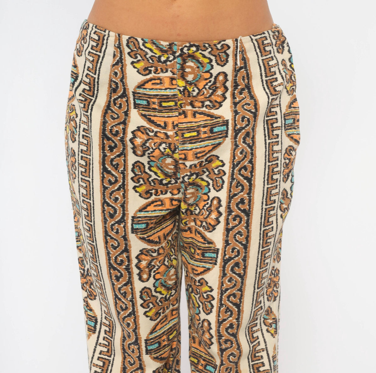 70s Paisley Border Print Flare Trousers Beige Orange Mid Rise Medium
