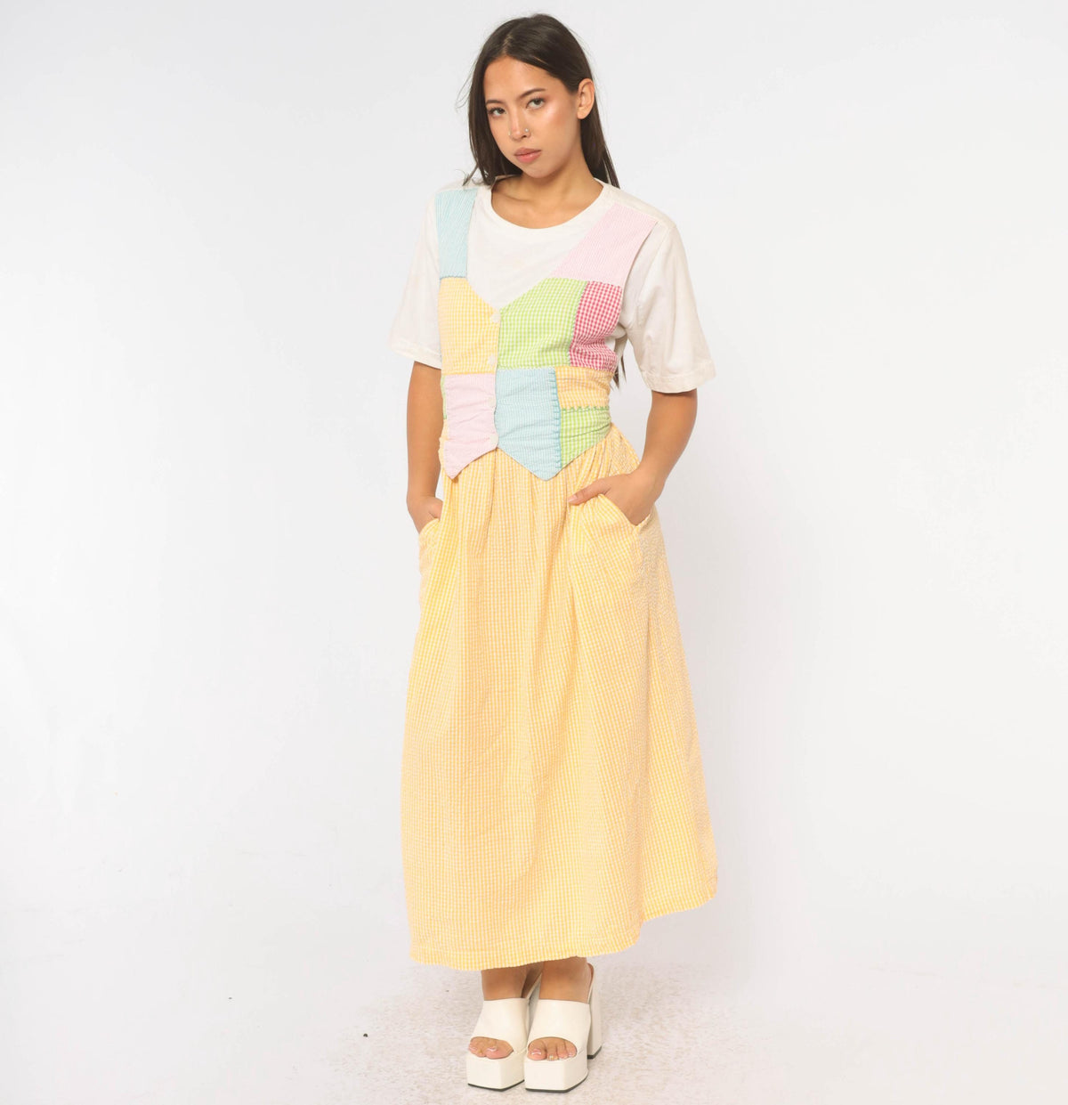 90s J.G. Hook Gingham Patchwork Pinafore Dress Yellow White Midi Cotton Medium M