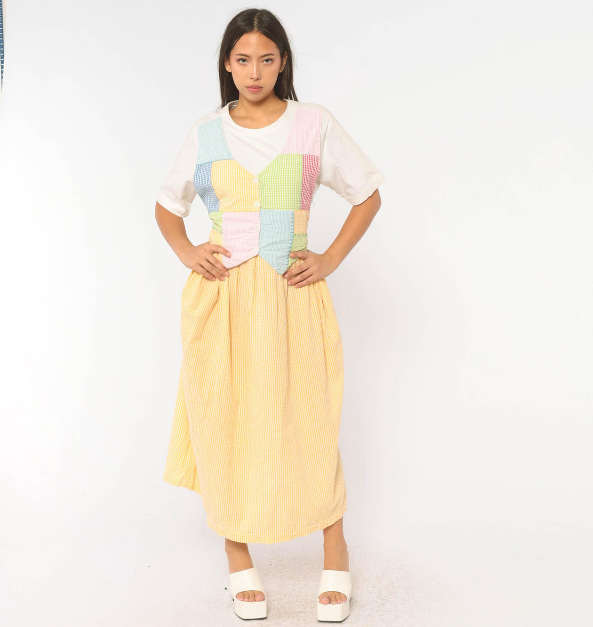 90s J.G. Hook Gingham Patchwork Pinafore Dress Yellow White Midi Cotton Medium M