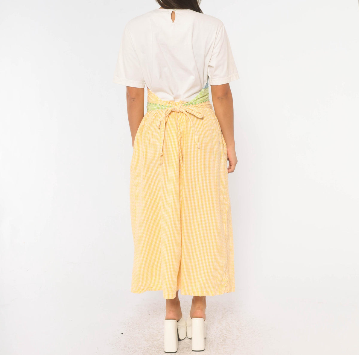 90s J.G. Hook Gingham Patchwork Pinafore Dress Yellow White Midi Cotton Medium M