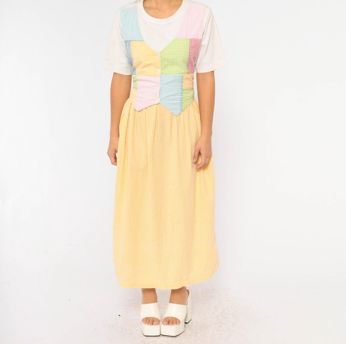 90s J.G. Hook Gingham Patchwork Pinafore Dress Yellow White Midi Cotton Medium M