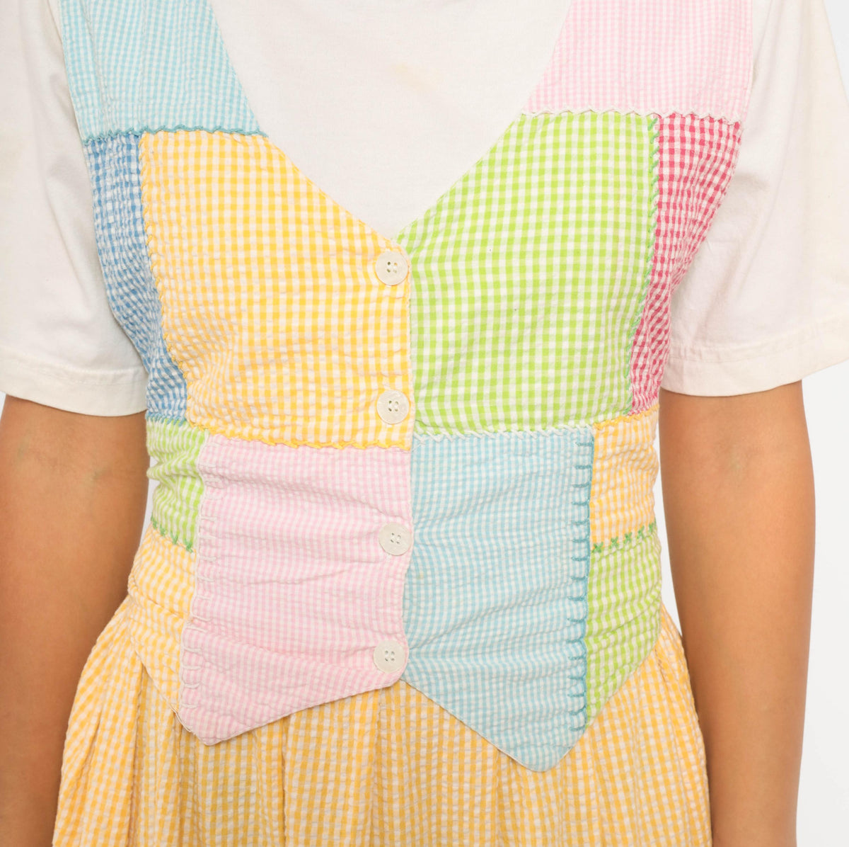 90s J.G. Hook Gingham Patchwork Pinafore Dress Yellow White Midi Cotton Medium M