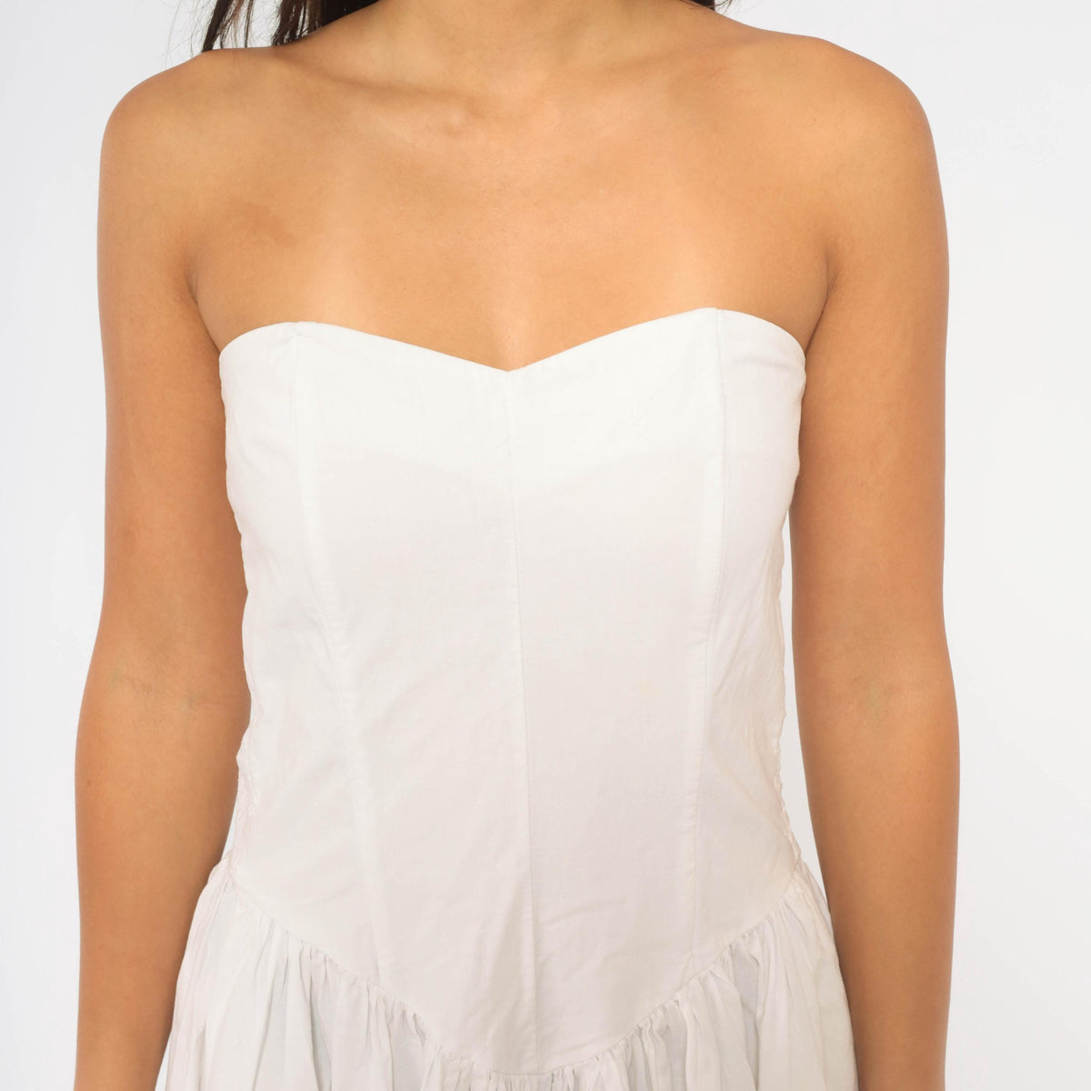 80s White Cotton Strapless Dress Sweetheart Neckline Drop Waist Below Knee Medium M