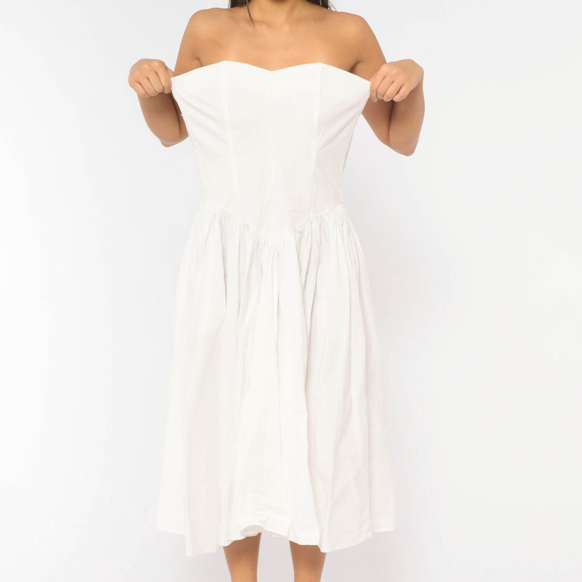 80s White Cotton Strapless Dress Sweetheart Neckline Drop Waist Below Knee Medium M