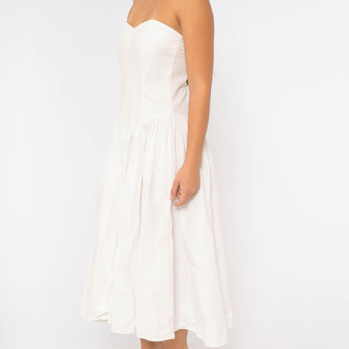80s White Cotton Strapless Dress Sweetheart Neckline Drop Waist Below Knee Medium M