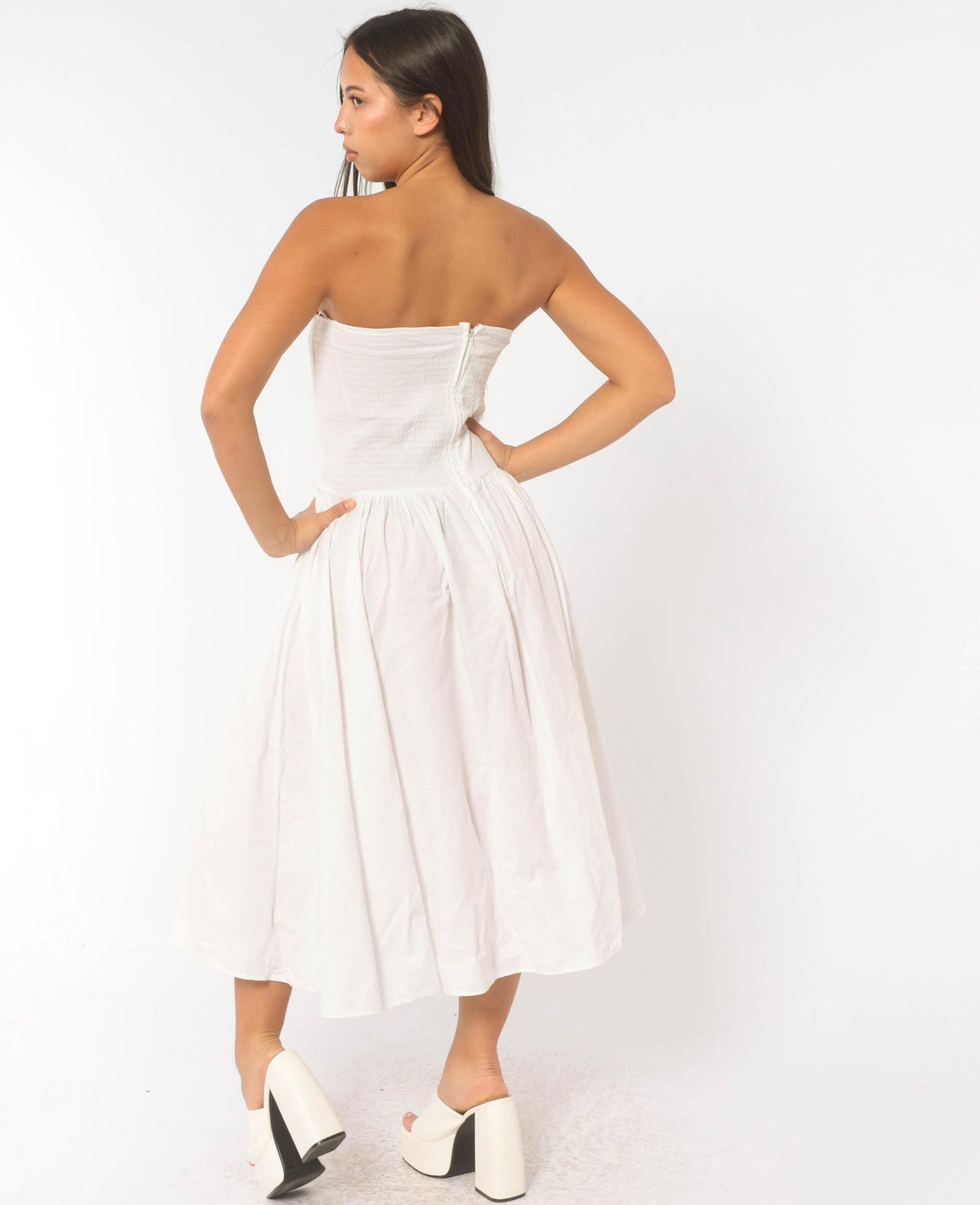 80s White Cotton Strapless Dress Sweetheart Neckline Drop Waist Below Knee Medium M
