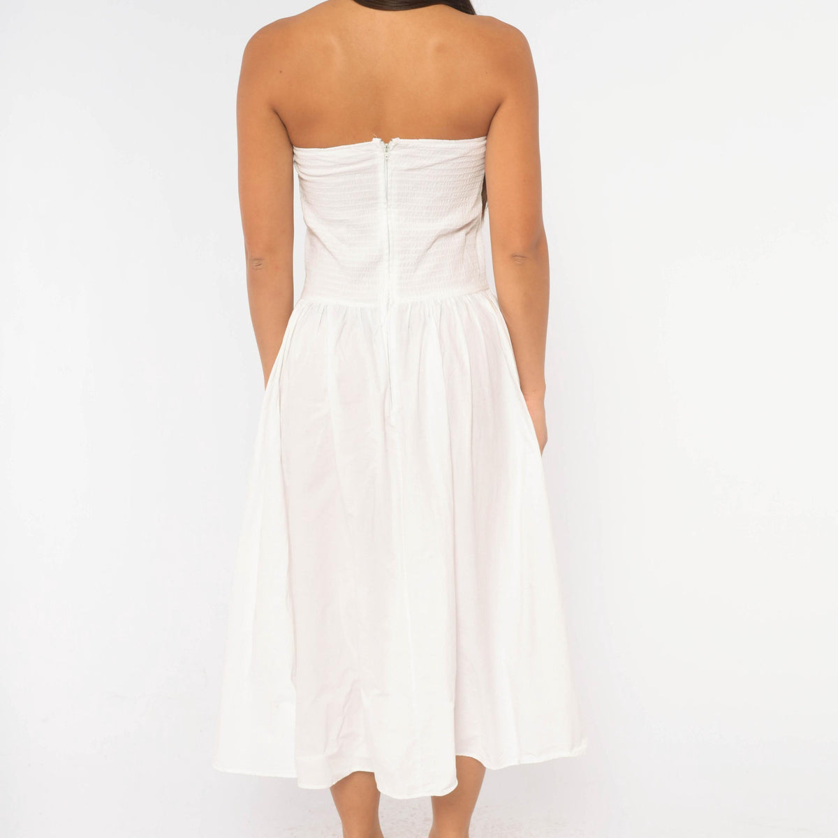 80s White Cotton Strapless Dress Sweetheart Neckline Drop Waist Below Knee Medium M