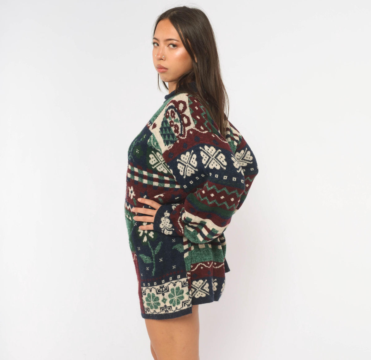 90s Fashion Bug Patchwork Knit Sweater Navy Burgundy Fair Isle Teapot Plus Size XXL