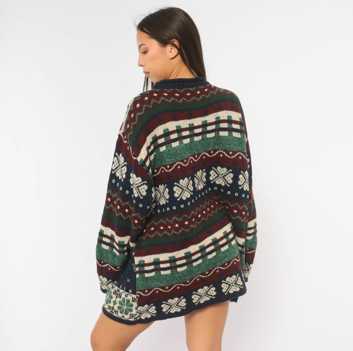 90s Fashion Bug Patchwork Knit Sweater Navy Burgundy Fair Isle Teapot Plus Size XXL