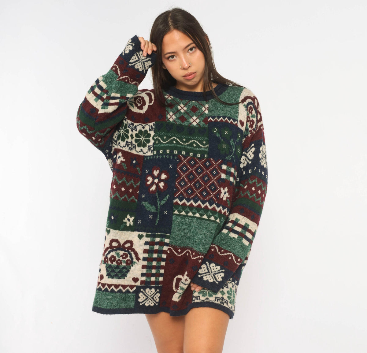 90s Fashion Bug Patchwork Knit Sweater Navy Burgundy Fair Isle Teapot Plus Size XXL