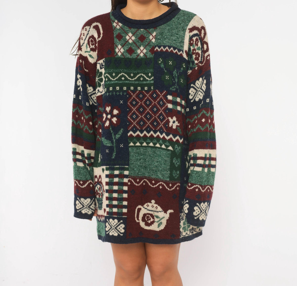 90s Fashion Bug Patchwork Knit Sweater Navy Burgundy Fair Isle Teapot Plus Size XXL