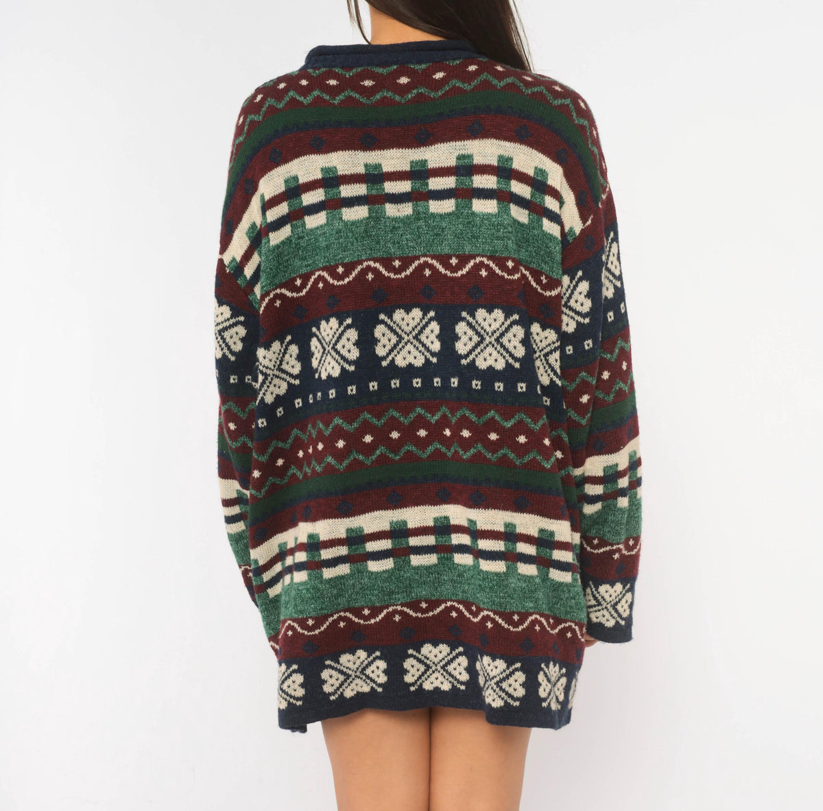 90s Fashion Bug Patchwork Knit Sweater Navy Burgundy Fair Isle Teapot Plus Size XXL