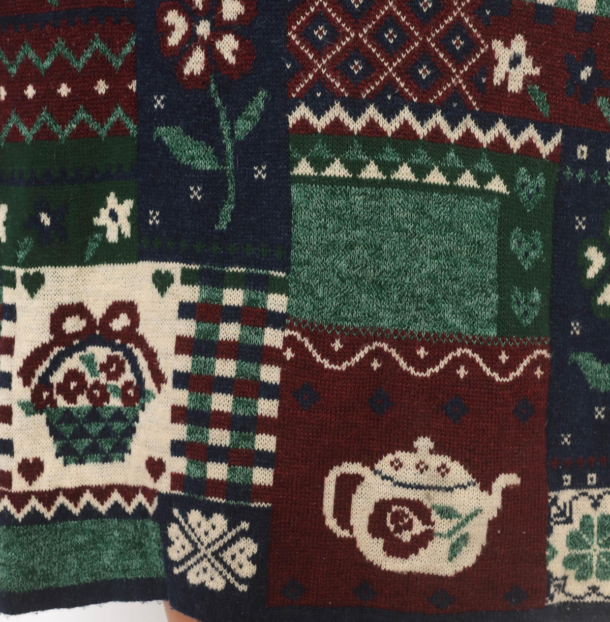 90s Fashion Bug Patchwork Knit Sweater Navy Burgundy Fair Isle Teapot Plus Size XXL