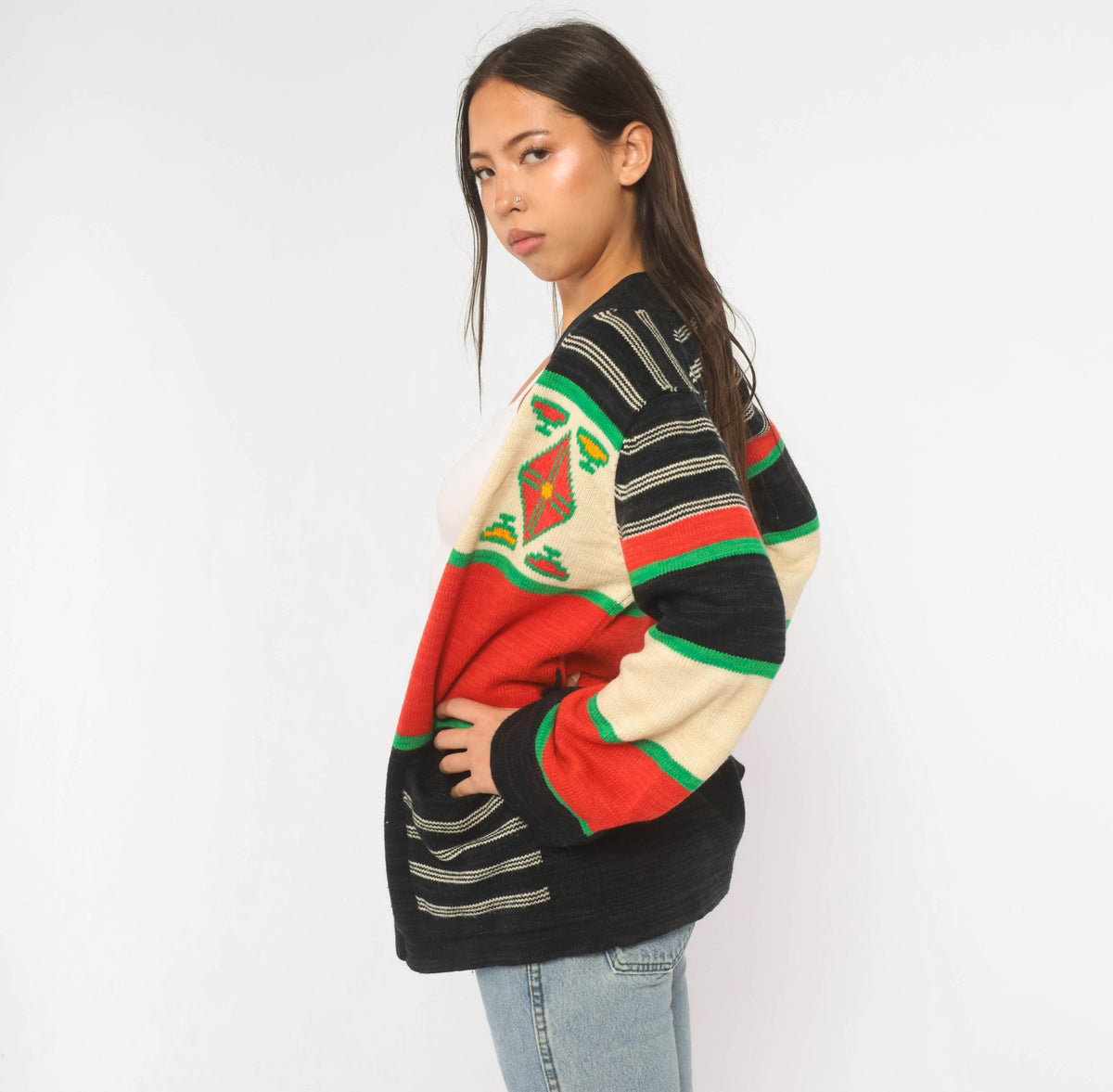 70s Southwestern Cardigan Black Red Green Striped Knit Geometric Diamond Medium