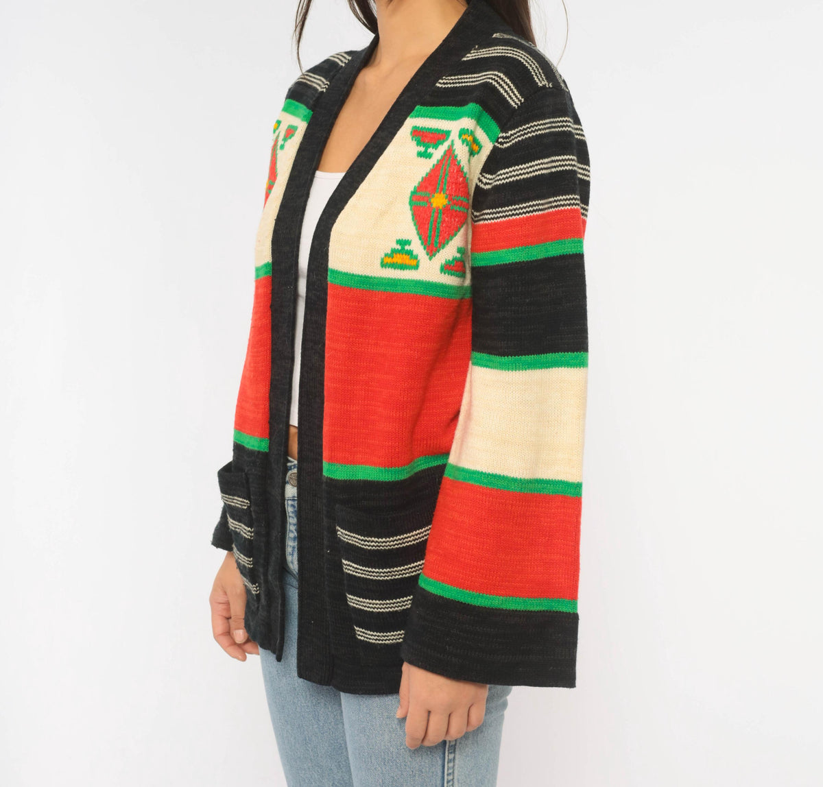 70s Southwestern Cardigan Black Red Green Striped Knit Geometric Diamond Medium