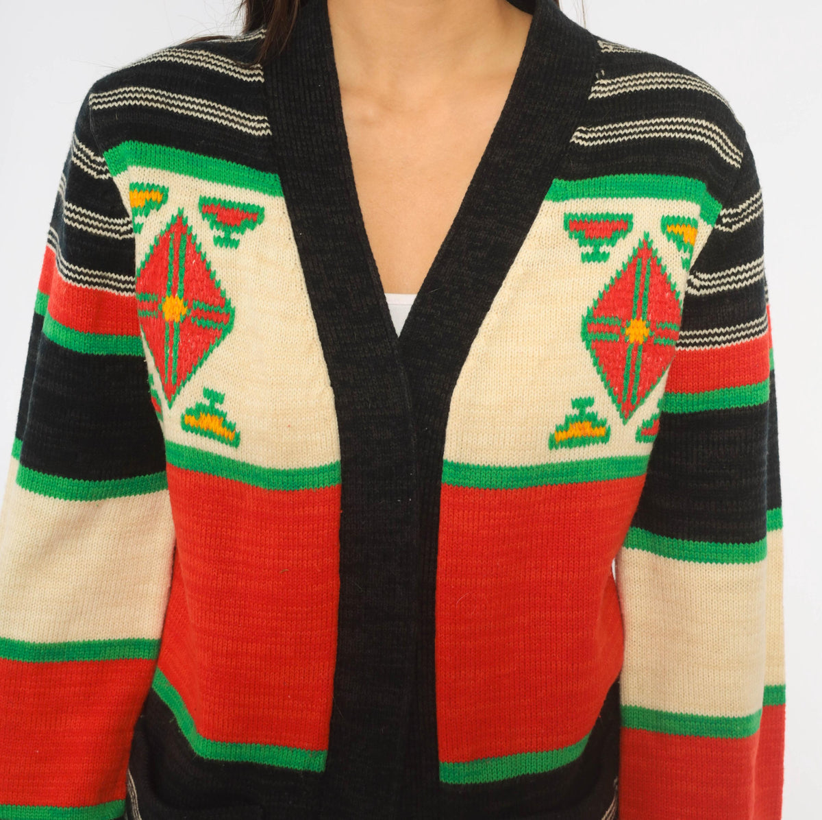 70s Southwestern Cardigan Black Red Green Striped Knit Geometric Diamond Medium