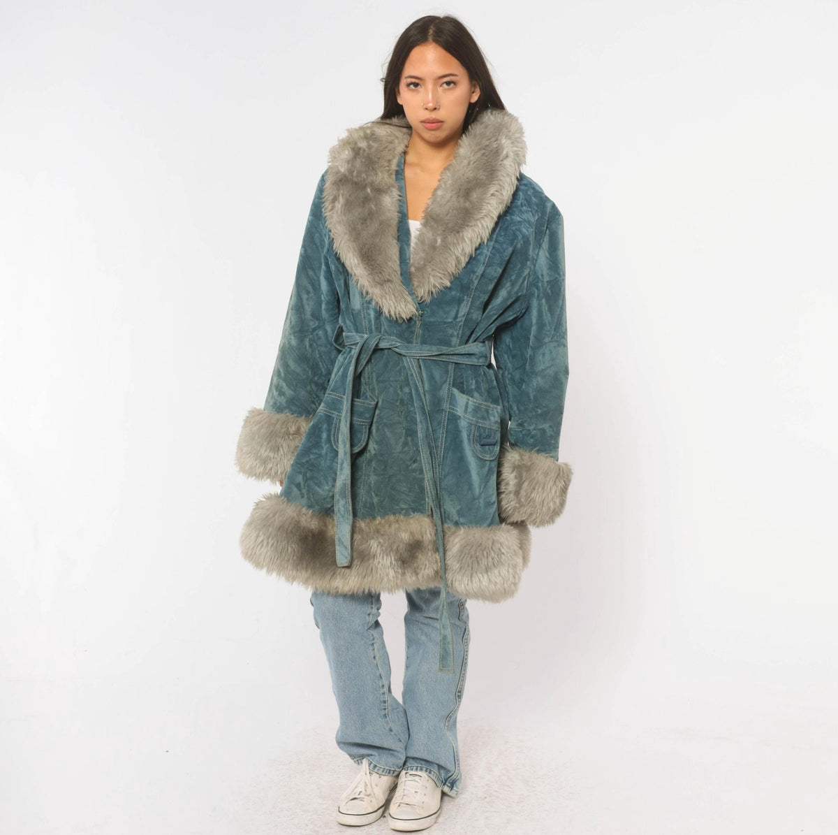 70s Teal Velvet Coat Grey Fuzzy Trim Shawl Collar Belted Knee-Length Large