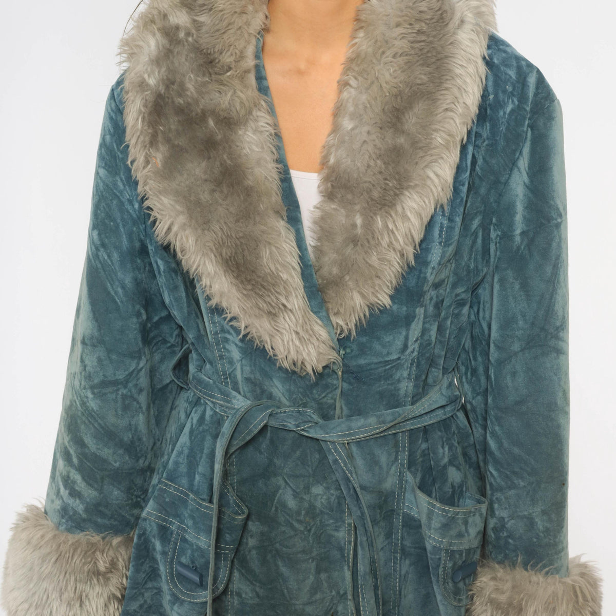 70s Teal Velvet Coat Grey Fuzzy Trim Shawl Collar Belted Knee-Length Large