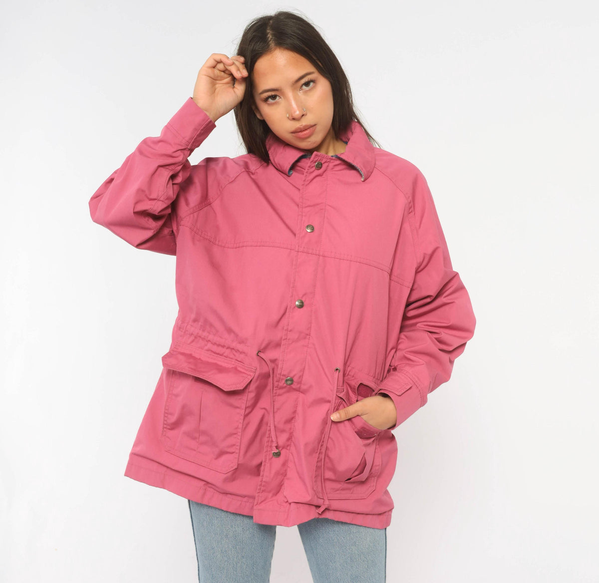 80s Woolrich Pink Wool Plaid Barn Jacket Snap Waist Small