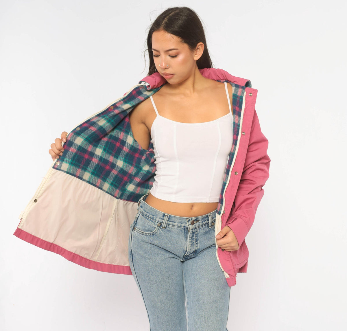 80s Woolrich Pink Wool Plaid Barn Jacket Snap Waist Small