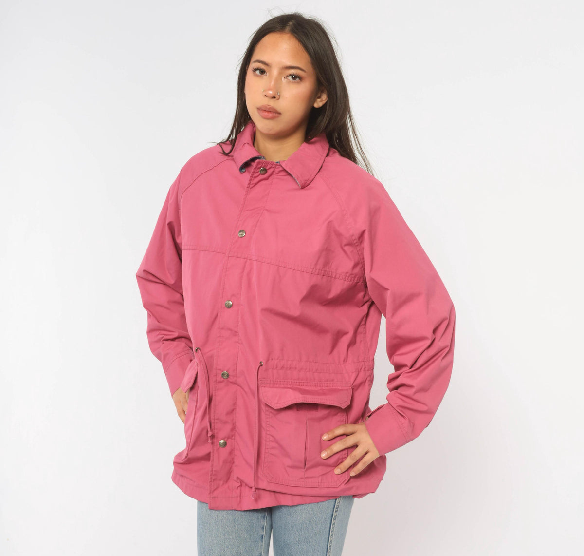 80s Woolrich Pink Wool Plaid Barn Jacket Snap Waist Small